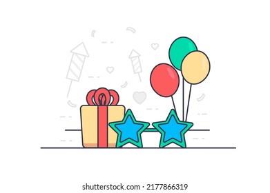 Concepto de vacaciones en diseño de contorno plano. Celebrando cumpleaños y eventos en la fiesta. Ilustración vectorial con escena web de línea colorida con regalo con arco, gafas de estrella, globos, fuegos artificiales y confeti