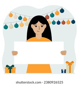 Holiday concept with garland, gift boxes and poster. A woman smiles, rejoices and celebrates a birthday, a festive event, a victory, an achievement or a holiday.