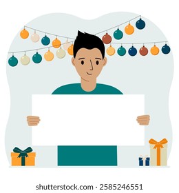 Holiday concept with garland, gift boxes and poster. A man smiles, rejoices and celebrates a birthday, a festive event, a victory, an achievement or a holiday.