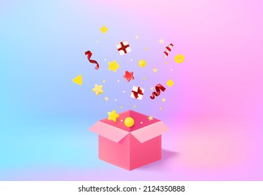 Holiday concept with gift box and confetti. 3d vector banner with copy space
