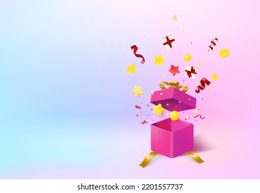 Concepto de vacaciones con caja de regalo y confeti. Banner vectorial 3d con espacio de copia
