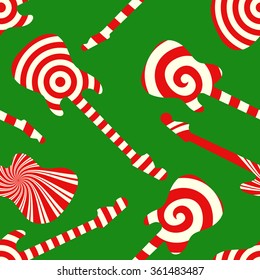 Holiday concept guitar silhouettes. Peppermint candy finish guitar seamless pattern on green background. Vector illustration