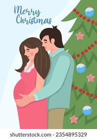 Holiday concept. Lovely pregnant woman with her husband on the background of the Christmas tree. Сozy winter vector illustration in a flat style. Pregnancy.