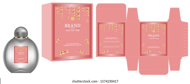 Holiday concept packaging design, Label on cosmetic or perfume container with pink luxury box template and mockup box. illustration vector.	