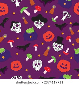 Holiday concept party in cartoon style. Halloween promotional Seamless pattern. Hand drawn for beautiful design, label, book, emblem, icon, greeting cards, wrapper, invitations. Vector illustration