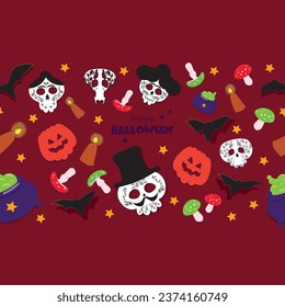 Holiday concept party in cartoon style. Halloween Seamless pattern border. Hand drawn for beautiful design, label, book, emblem, icon, greeting cards, wrapper, invitations. Vector illustration