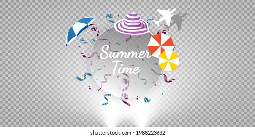 Concepto de vacaciones. Plantilla de viaje en verano con accesorios de verano en la playa, ilustración vectorial.