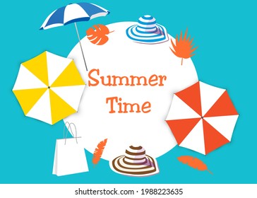 Concepto de vacaciones. Plantilla de viaje en verano con accesorios de verano en la playa, ilustración vectorial.