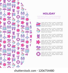 Holiday concept with thin line icons: sun, yacht, ice cream, surfing, hotel, beach umbrella, island, coconut drink, airplane, starfish, photo, lifebuoy. Vector illustration for banner, print media.
