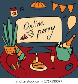 Holiday in conditions of self-isolation. Celebration in front of a computer. Birthday with friends online. Vector doodle graphic