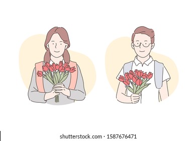 Holiday, congratulation, present concept. Conviviality, festive mood, positive emotions, romantic atmosphere, young man and woman with flower bouquets, people with red tulips. Simple flat vector