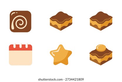 Ícones de cookies de férias, barras em camadas, biscoito swirl, cookie estrela, evento de venda de padaria, Christmas bake off, ilustração vetorial de doces sazonais