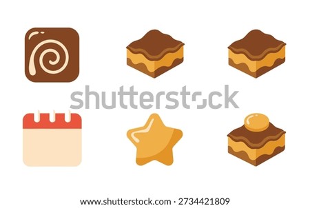 Holiday cookie icons, layered bars, swirl biscuit, star cookie, bakery sale event, Christmas bake off, seasonal sweets vector illustration