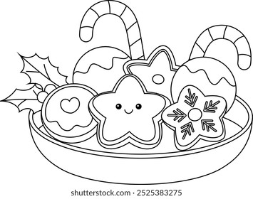 Holiday Cookie Outline Coloring Page. Christmas and Winter Illustration 