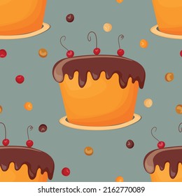 Holiday Cooking nahtlos Muster. Kuchen, Kuchen, süße Gebäck, Kuchen mit buntem Eis und bunten Details. Lebensmittelkonzept. Realistische Vektorgrafik, Design für Druck, Stoff, Textilien.