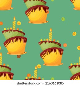 La cocina de vacaciones es un patrón sin fisuras. Pastel de tarta, tarta, pastelería dulce, bizcocho con colorido y detalles coloridos. El concepto de comida. Ilustración vectorial realista, diseño para impresión, tela, textil.