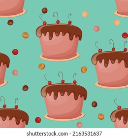 Holiday cooking seamless pattern. Cupcake, cake, sweet pastry, cupcake with colored icing and colorful details. Food concept. Realistic vector illustration, design for print, fabric, textile.