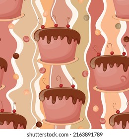 Holiday Cooking nahtlos Muster. Kuchen, Kuchen, süße Gebäck, Kuchen mit buntem Eis und bunten Details. Lebensmittelkonzept. Realistische Vektorgrafik, Design für Druck, Stoff, Textilien.