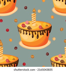 Holiday cooking seamless pattern. Cupcake, cake, sweet pastry, cupcake with colored icing and colorful details. Food concept. Realistic vector illustration, design for print, fabric, textile.
