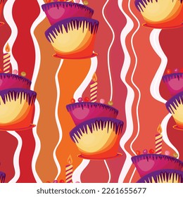 Holiday cooking seamless pattern. Cupcake, cake, sweet pastry, cupcake with colored icing and colorful details. Food concept. Realistic vector illustration, design for print, fabric, textile.