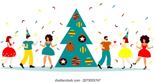 Holiday, corporate party of the company celebrate the new year. Women, men are holding glasses in their hands, dancing, having fun. Decorated Christmas tree, firecrackers.Christmas meeting of friends.