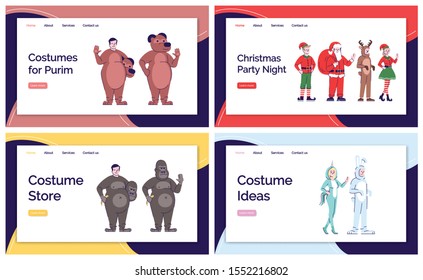 Holiday costumes ideas landing page vector template. Animal clothing website interface idea with flat illustrations. Purim suits homepage layout. Christmas party web banner, webpage cartoon concept