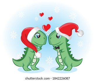 Holiday couple dino with love and Santa hats. Hand drawn seasonal card