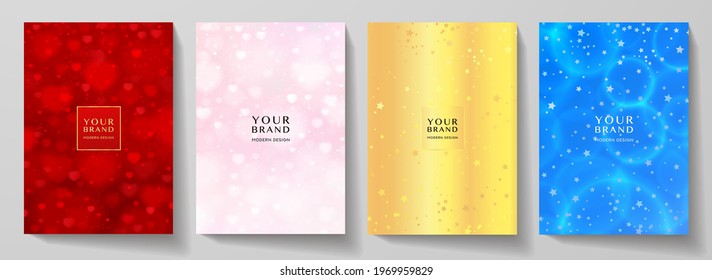 Holiday cover design set. Abstract romantic red, pink, gold, blue background with heart symbol, stars. Elegant vector template for invitation (invite), Birthday card, greeting valentine or gift card