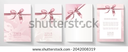 Holiday cover design set. Elegant pink ribbon (bow) with floral pattern on background. Luxury premium vector collection for invitation template (invite card), anniversary greeting or gift certificate
