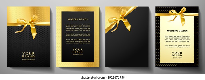 Holiday cover design set. Luxury black background with gold stars pattern and golden ribbon. Formal premium vector collection template for invitation (invite card), gathering or Christmas gift