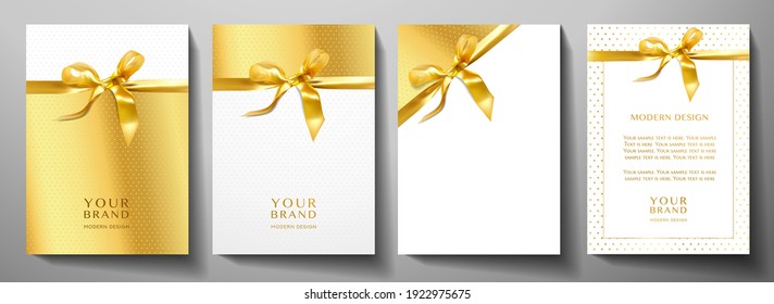 Holiday cover design set. Luxury gold background with stars pattern and golden ribbon. Formal premium vector collection template for invitation (invite card), greeting or Christmas gift