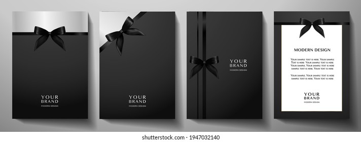 Holiday cover design set. Luxury silver, dark background and black ribbon (bow). Formal premium vector collection template for invitation (invite vip card), gathering or gift card, award