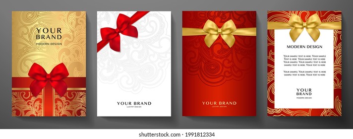 Holiday cover design set. Luxury silver, gold background with red ribbon (bow). Elegant vector collection template for invitation (invite vip card), birthday greeting or gift card