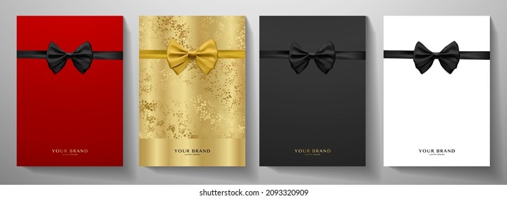 Holiday cover design set. Luxury red, gold, white background with black tie (bow butterfly). Formal premium vector collection template for vip invitation (luxe invite card), gathering, award