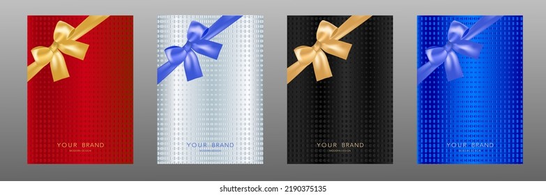 Holiday cover design set. Luxury silver, black, blue, red backgrounds with geometric pattern and gold ribbon bow. Elegant vector collection for invitation, vip, greeting or gift card, award templates.