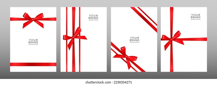 Conjunto de diseño de portada de vacaciones. Fondo blanco de lujo con cinta roja (arco). Elegante plantilla de colección de vectores premium para tarjeta de invitación de cumpleaños, saludo de San Valentín o regalo de Navidad