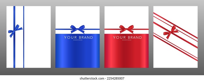 Holiday cover design set. Luxury white background with red ribbon (bow). Elegant premium vector collection template for Birthday invite card, Valentine's Day greeting or gift