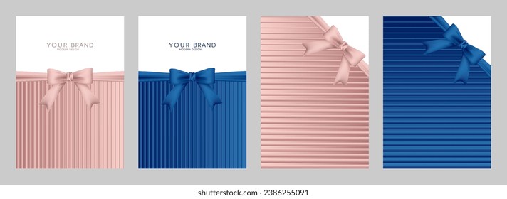 Holiday cover design set. Luxury geometric pattern in gold pink, blue white color with bow (ribbon). Premium vector background for brochure template, catalog, certificate, wedding invites