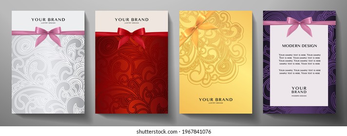 Holiday cover, frame design set. Luxury silver, gold, red background with ribbon (bow). Elegant vector collection template for invitation (invite vip card), greeting or gift card, award