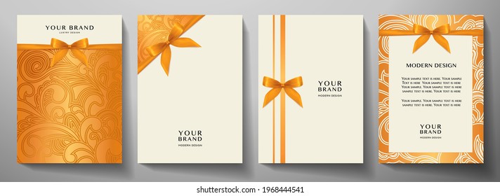 Holiday cover, frame design set. Luxury floral pattern (curve) background with orange ribbon (bow). Elegant vector collection template for invitation (invite vip card), greeting or gift card, award