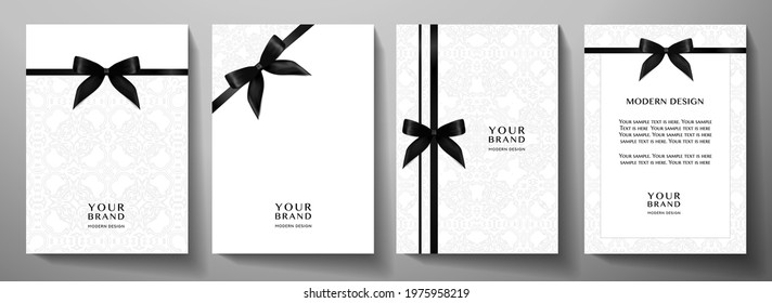 Holiday cover, frame design set. Elegant white floral pattern (curve) background with black ribbon (bow). Premium vector template for vip invitation, wedding invite, gathering or holiday gift card