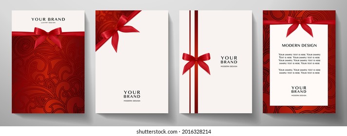 Holiday cover, frame design set. Luxury floral pattern (curve) background with red ribbon (bow). Elegant maroon vector collection template for invitation (invite vip card), greeting, gift card, award