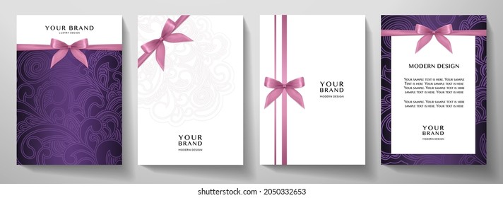 Holiday cover, frame design set. Luxury silver floral pattern (curve) background with pink ribbon (bow). Elegant vector collection template for invitation (invite vip card), greeting, gift card, award