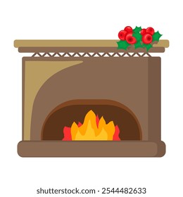 Holiday cozy home fireplace decorated with a sprig of red berries with burning cozy flame. Festive weekend place of home rest for cartoon vector illustration isolated on white background