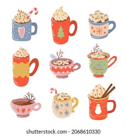 Holiday cozy mugs with hot drinks. Christmas winter drinks, latte, cappuccino and hot cocoa with marshmallows, cream, chocolate chips, cinnamon and candy cane. Vector illustration set.