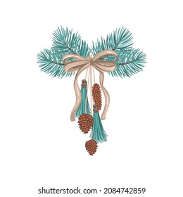 Holiday craft composition from fir tree branches and cones. Vector hand drawn illustration with Christmas theme