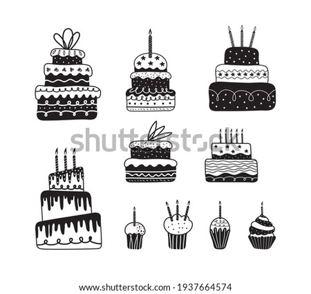 Holiday cream cake with candles vector set, muffins, cupcakes in art line drawing. Set of holiday sweets in black one line. Doodle icons for birthday, New year, Christmas, wedding in minimalism design