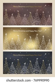Holiday creative card set with Christmas tree and flying paper airplane. New Year luxury elegant shiny design. Vector