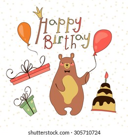 Holiday with cute bear. Vector illustration of a cheerful bear with pink air balloon, a cake, gifts. Congratulations to the day of birth.