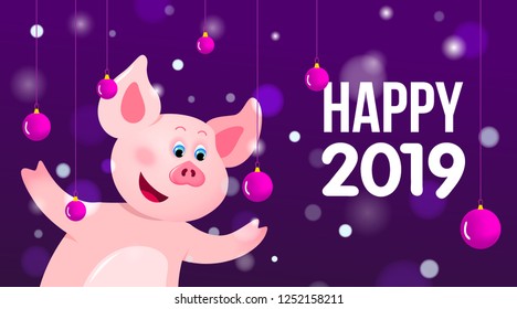 Holiday cute pig card with Christmas decorations. Happy New Year 2019 festive season banner, funny cartoon piglet character on purple snowy background. Vector illustration for invitation, social media